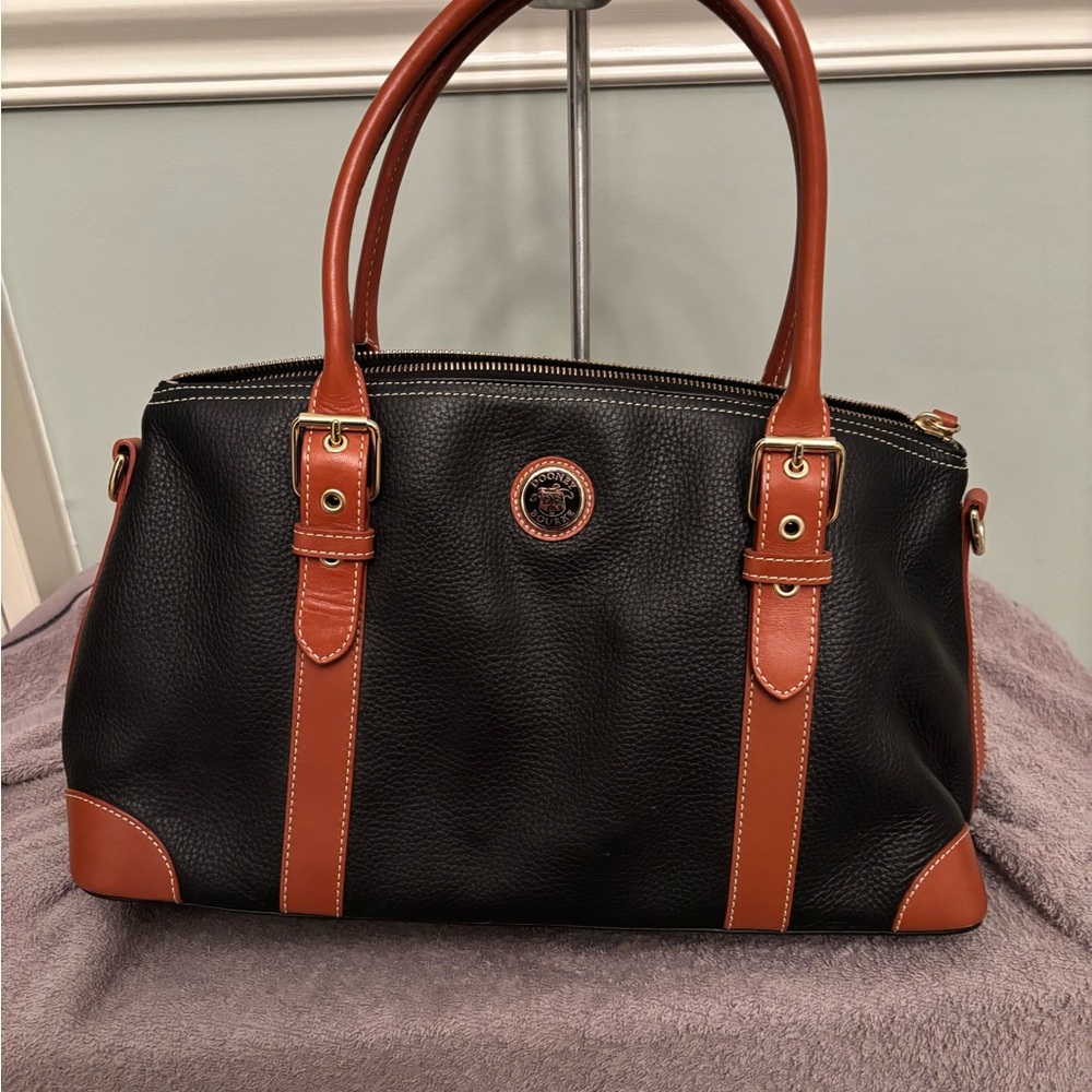 Dooney & Bourke Navy Blue Leather Satchel with Brown Trim and Handles